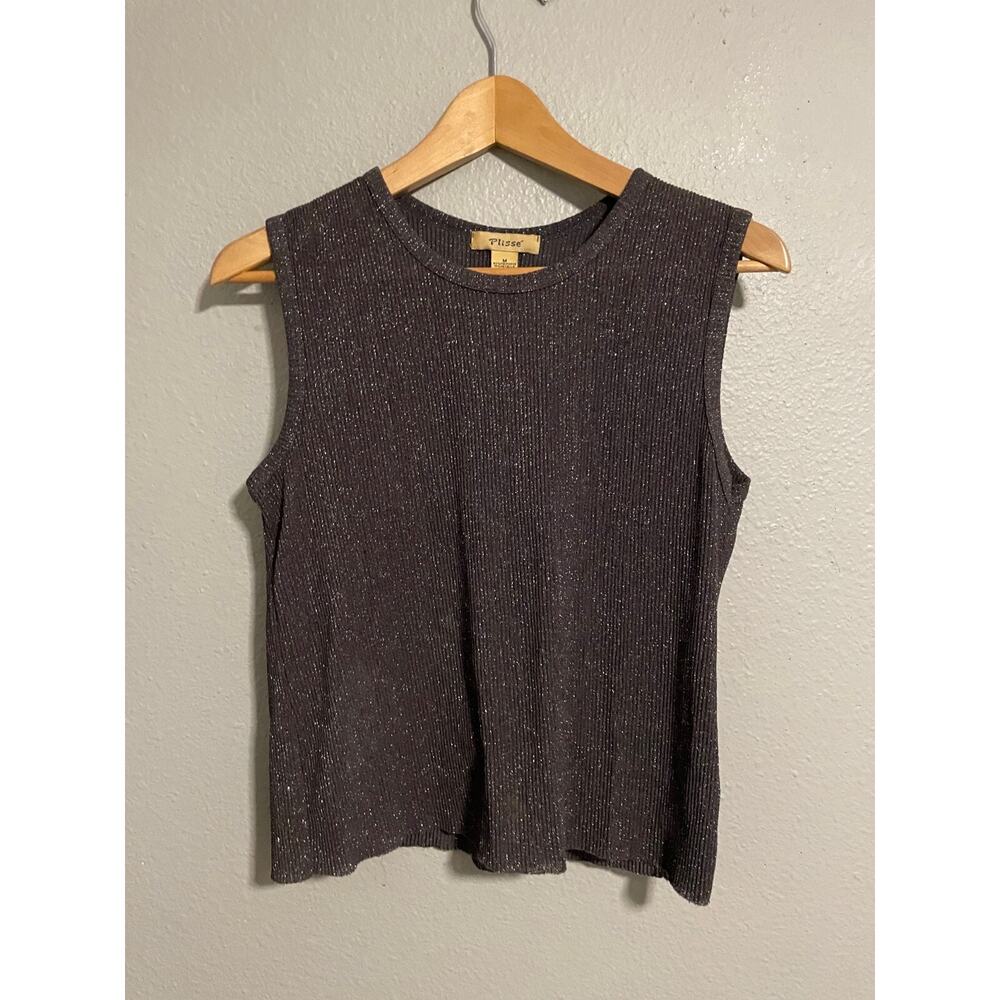 Plisse Womens Top Medium Gray Mesh Glitter Ribbed Sleeveless Fairy Grunge Y2K